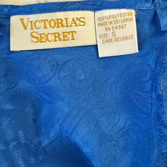 VTG Victorias Secret Blue Jacquard Cami Top Sz S Silky Satin Gold Label Strappy - Picture 9 of 9